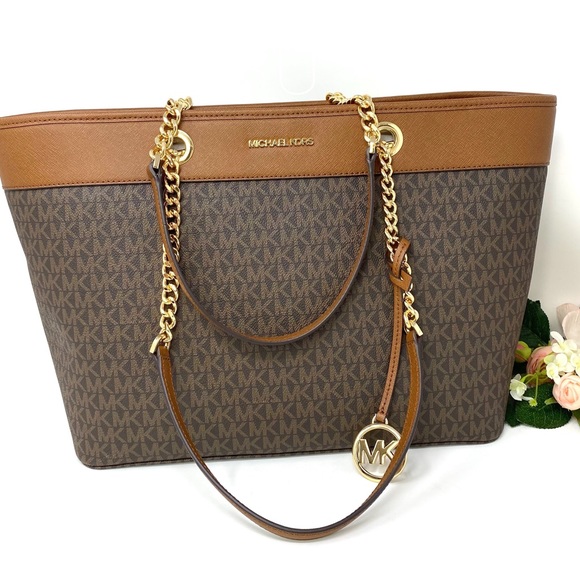 Michael Kors Handbags - Michael Kors Shania Chain Tote Brown Leather Large